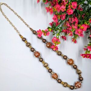 Beautiful Handmade Vintage Wood And Leather Bead Necklace With Crystal Accents